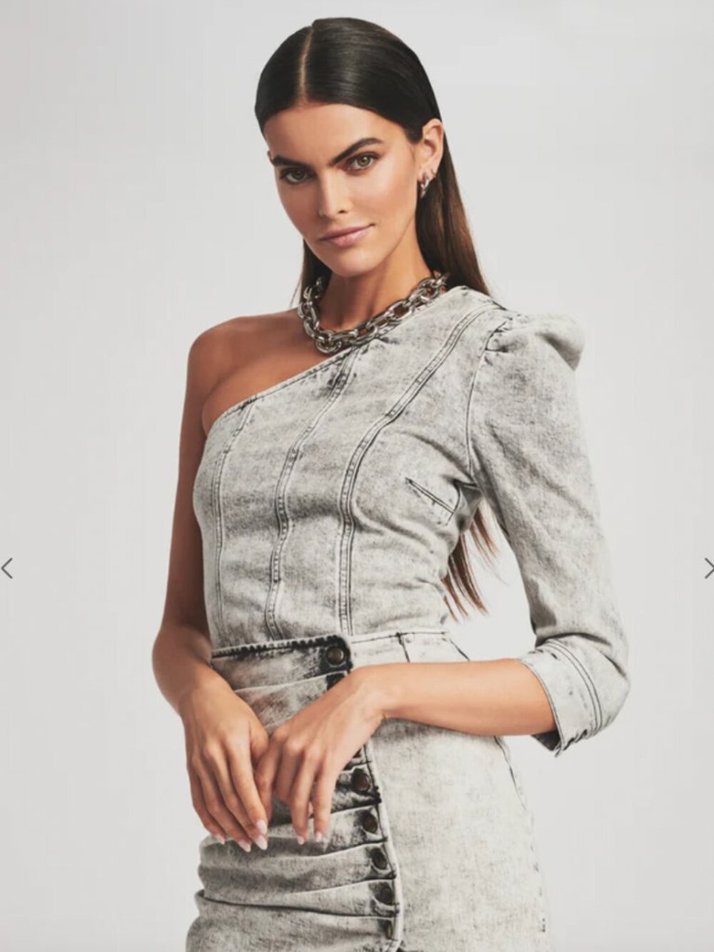 Retrofete Moira One Shoulder Puff Sleeve Denim Top Acid Grey XS NWT